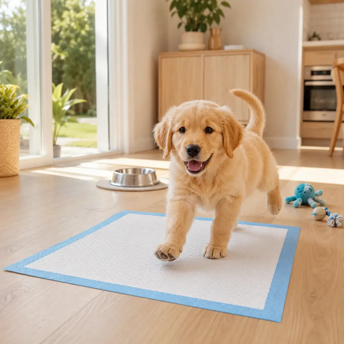 Puppy standing beside a training pad indoors
